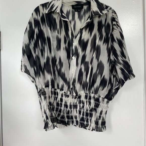 Karen Kane Black and White‎ Modern Print Blouse, Front-Buttons, Ruched Waist, S - Picture 1 of 4